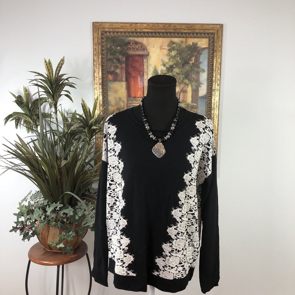 Kensie Women’s Black White Pullover Top Size Large Stretch Long Sleeve Boat Neck